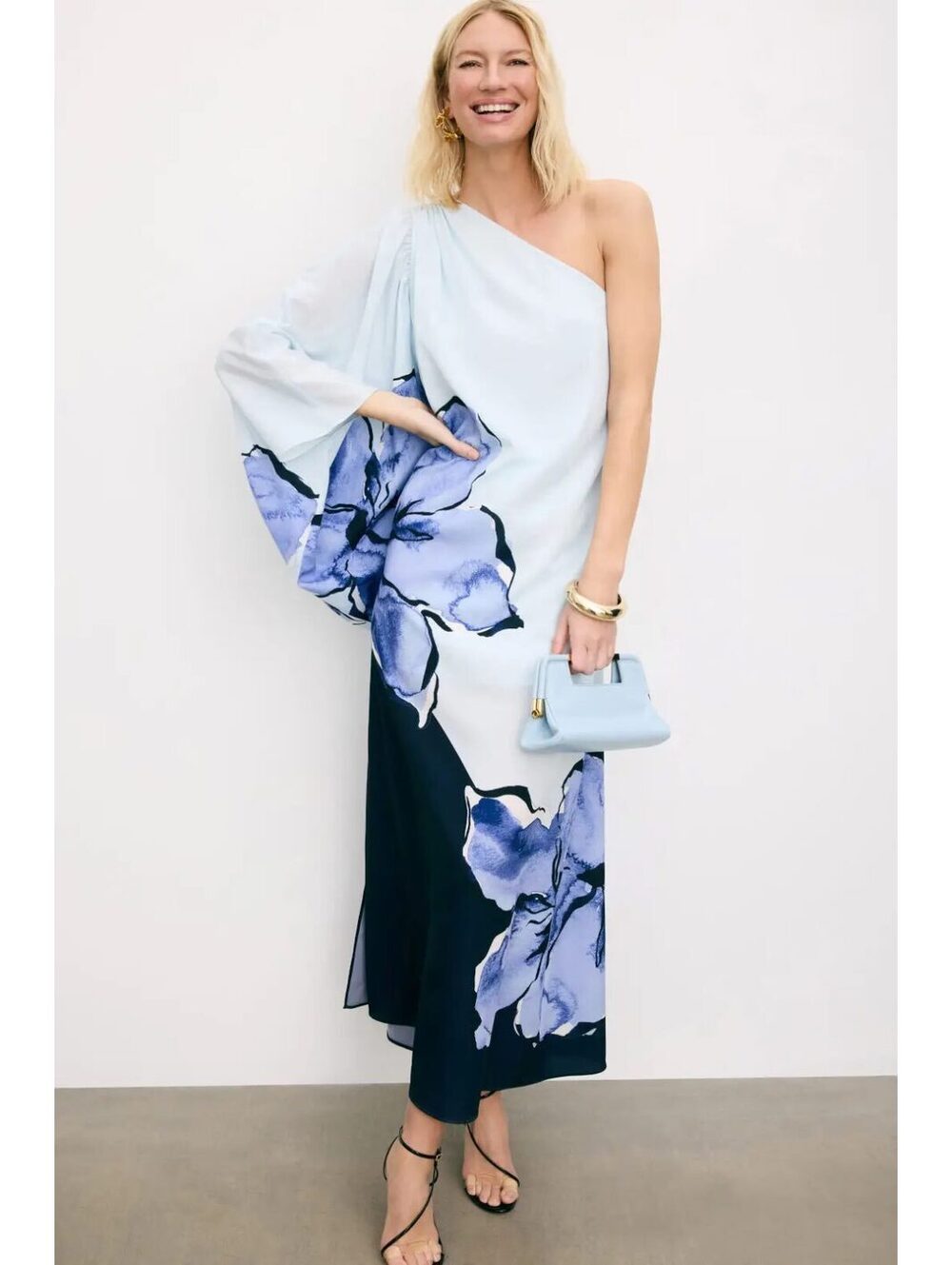 Hutch One Shoulder Satin Floral Gown Blue Asymmetric Dress Size L